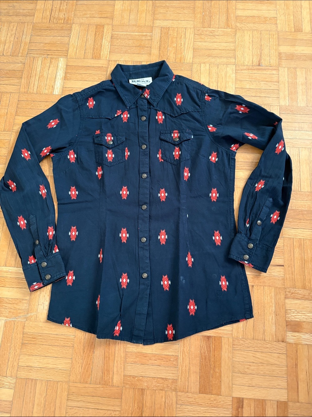 Ariat Navy Western-Style Shirt with Red Geo Motif